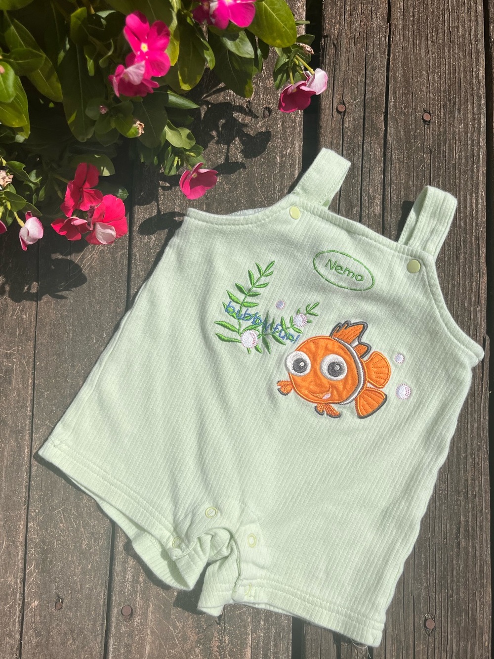 Vintage Nemo Overall Shorts Baby Shortall Romper with Orange Nemo Embroidery